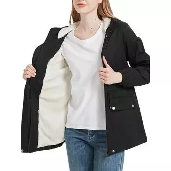 Женская осенне-зимняя повседневная плюшевая куртка средней длины с завязками на талии и капюшоном S чёрный