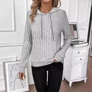 Женская осенне-зимняя повседневная ребристая полосатая кофта-пуловер с капюшоном и длинными рукавами для женщин с капюшоном S светло-серый