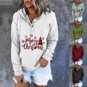 Женская осенне-зимняя повседневная рождественская модная толстовка с капюшоном и пуговицами с принтом
