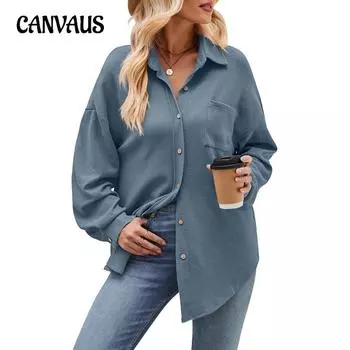 Женская осенне-зимняя повседневная рубашка свободного кроя с карманами и вафельной отделкой S чёрный