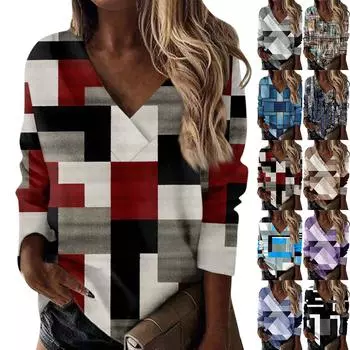 Женская осенне-зимняя повседневная свободная футболка с v-образным вырезом и принтом, пуловер с длинными рукавами, топ L чёрный