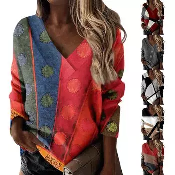 Женская осенне-зимняя повседневная свободная футболка с v-образным вырезом и принтом, пуловер с длинными рукавами, топ XL глубокий/красный