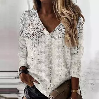 Женская осенне-зимняя повседневная свободная футболка с v-образным вырезом и принтом, пуловер с длинными рукавами, топ L серый