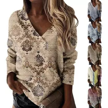 Женская осенне-зимняя повседневная свободная футболка с v-образным вырезом и принтом, пуловер с длинными рукавами, топ XXXL