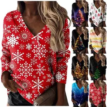 Женская осенне-зимняя повседневная свободная футболка с v-образным вырезом и принтом, пуловер с длинными рукавами, топ XL чёрный