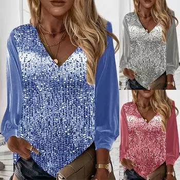 Женская осенне-зимняя повседневная свободная футболка с v-образным вырезом и принтом, пуловер с длинными рукавами, топ XXL синий