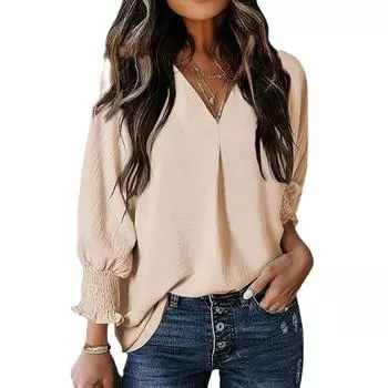 Женская осенне-зимняя повседневная свободная рубашка с V-образным вырезом и длинными рукавами S оливковое зеленый