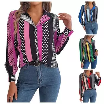 Женская осенне-зимняя повседневная универсальная рубашка в полоску контрастного цвета с воротником и длинными рукавами L синий