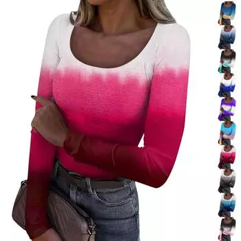 Женская осенне-зимняя приталенная базовая футболка, модная повседневная футболка с градиентом и обычным принтом, пуловер с U-образным вырезом, топ с длинными рукавами XXL