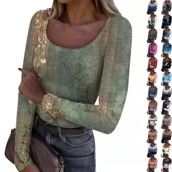 Женская осенне-зимняя приталенная базовая футболка, модная повседневная футболка с градиентом и обычным принтом, пуловер с U-образным вырезом, топ с длинными рукавами XXXL чёрный