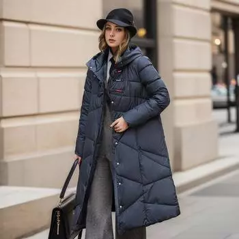 Женская осенне-зимняя пуховая хлопковая куртка средней длины до колена, утолщенная и свободная куртка большого размера с капюшоном