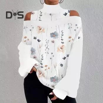 Женская осенне-зимняя пуловерная блузка с открытыми плечами, свободная модная рубашка с высоким воротником и длинным рукавом с принтом, топ XL чёрный