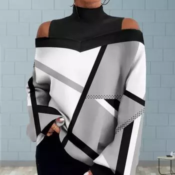 Женская осенне-зимняя пуловерная блузка с открытыми плечами, свободная модная рубашка с высоким воротником и длинным рукавом с принтом, топ XL чёрный