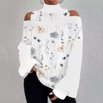 Женская осенне-зимняя пуловерная блузка с открытыми плечами, свободная модная рубашка с высоким воротником и длинным рукавом с принтом, топ L чёрный