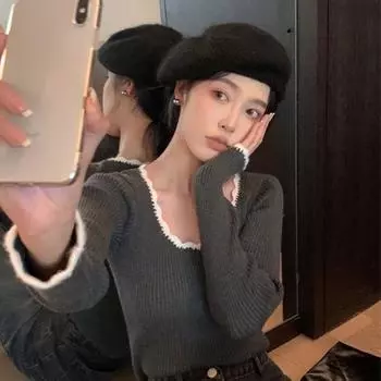 Женская осенне-зимняя ретро-трикотажная блузка с цветными блоками, утягивающий топ с длинными внутренними рукавами во французском стиле S