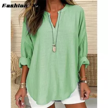 Женская осенне-зимняя рубашка из хлопка и льна с v-образным вырезом большого размера S розовый