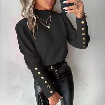 Женская осенне-зимняя рубашка с длинным рукавом и круглым вырезом, однотонная кружевная блузка на пуговицах S чёрный