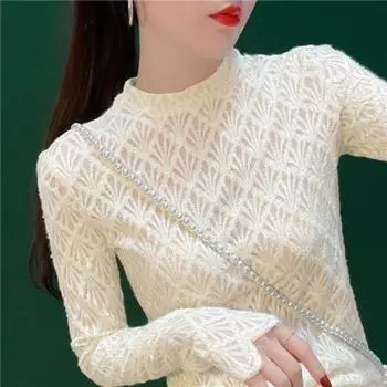 Женская осенне-зимняя рубашка с длинными рукавами и кружевной основой из ворсистого кружева, шифоновый кружевной сексуальный сетчатый топ S