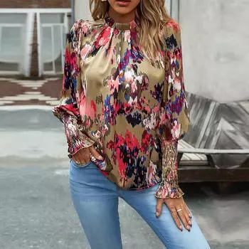 Женская осенне-зимняя рубашка с круглым вырезом и длинным рукавом, плиссированная, темпераментная, с цветочным принтом, свободная рубашка с принтом, блузки, топ S синий