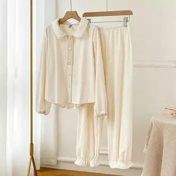 Женская осенне-зимняя сексуальная милая пижама из 2 предметов, утолщенная пижама с длинными рукавами, ретро, милая свободная повседневная домашняя одежда, ночная рубашка M