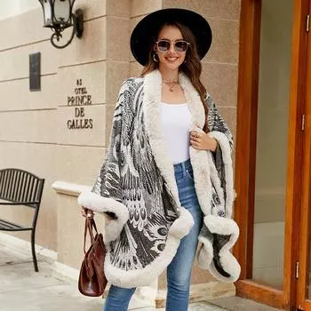 Женская осенне-зимняя шаль с цветком павлина, вязаная накидка, женская толстая термошаль one size абрикосовый