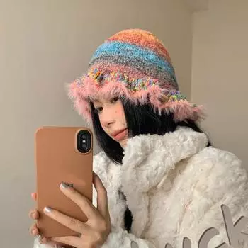 Женская осенне-зимняя шапка-бини, мягкая эластичная ветрозащитная ультра-толстая ретро красочная полосатая рыбацкая шапка розы красного