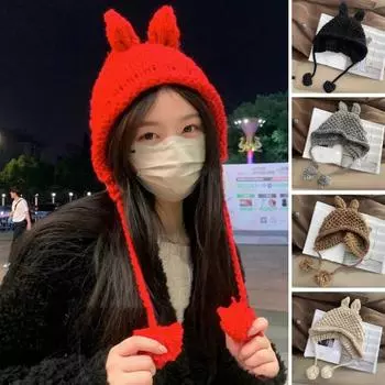 Женская осенне-зимняя шапка-бини с заячьими ушками, однотонная, супермягкая, эластичная, ультра-толстая, ветрозащитная, вязаная шапка, уютный головной убор чёрный