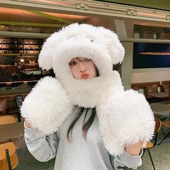 Женская осенне-зимняя шапка, шарф, перчатки, универсальный шарф с мультяшным принтом, милая плюшевая шапка, надеваемая поверх головы, защитная шапка для ушей белый