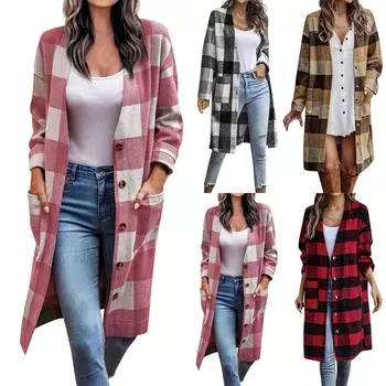 Женская осенне-зимняя шерстяная куртка в клетку с карманами и длинными рукавами M розовый