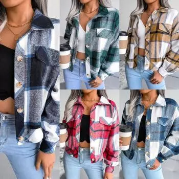 Женская осенне-зимняя шерстяная куртка в клетку с длинным рукавом и однобортным свободным шикарным размером S-XL S зелёный