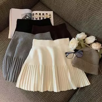 Женская осенне-зимняя шикарная милая однотонная узкая юбка А-силуэта с высокой талией, повседневная элегантная эластичная трикотажная плиссированная юбка One Size чёрный