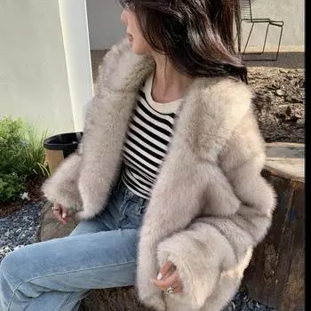 Женская осенне-зимняя шуба из искусственного меха средней длины, свободная универсальная куртка, модный костюм, пальто с большим лацканом из искусственного лисьего меха L
