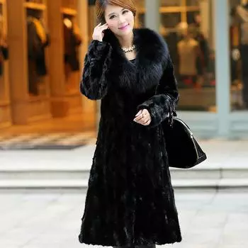 Женская осенне-зимняя шуба из искусственного меха, длинная шуба из искусственного норкового меха, воротник из искусственного лисьего меха, большое женское платье S