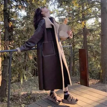 Женская осенне-зимняя шуба из искусственного ягненка с двубортным воротником и большими карманами, свободная хлопковая куртка средней длины S хаки