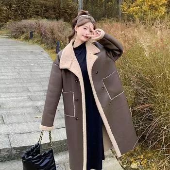 Женская осенне-зимняя шуба из искусственного ягненка с двубортным воротником и большими карманами, свободная хлопковая куртка средней длины S хаки