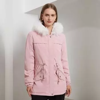Женская осенне-зимняя средняя длинная флисовая стеганая куртка с теплым поясом и меховым воротником, свободная парка S-3XL S розовый