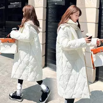 Женская осенне-зимняя свободная хлопковая куртка с длинными рукавами, длинное хлопковое пальто, утолщенная однотонная куртка контрастного цвета L белый