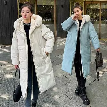 Женская осенне-зимняя свободная однотонная утепленная верхняя одежда с хлопковой подкладкой и капюшоном, стоячим меховым воротником, теплая длинная ветрозащитная куртка, пальто M бежевый