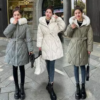 Женская осенне-зимняя свободная однотонная утепленная верхняя одежда с хлопковой подкладкой, поясом, капюшоном, меховым воротником, теплая куртка средней длины, пальто M бежевый