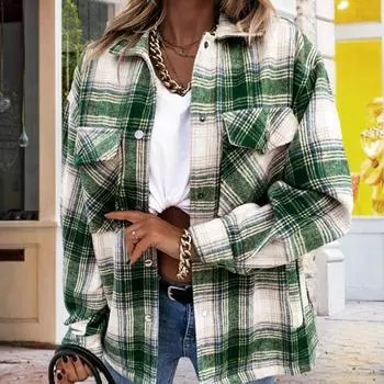 Женская осенне-зимняя свободная повседневная куртка-рубашка с длинным рукавом в клетку в стиле ретро S зелёный