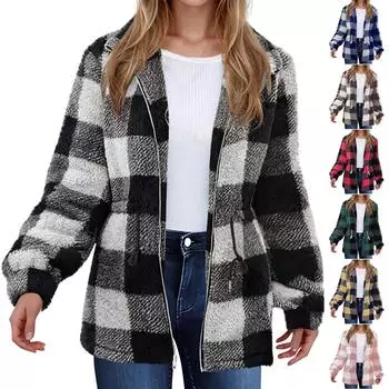 Женская осенне-зимняя свободная повседневная куртка с длинными рукавами и капюшоном из плюша на молнии L чёрный