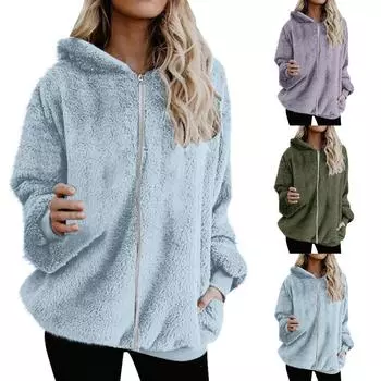 Женская осенне-зимняя свободная повседневная куртка с длинными рукавами и капюшоном из плюша на молнии L армия зеленый