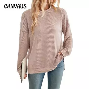 Женская осенне-зимняя свободная повседневная толстовка с длинным рукавом и разрезом в полоску с волнами S розовый