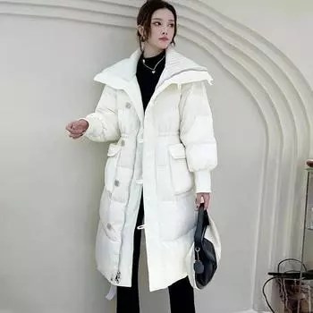 Женская осенне-зимняя свободная пуховая куртка средней и длинной элитной куртки, толстая пуховая куртка на белом утином пуху XL