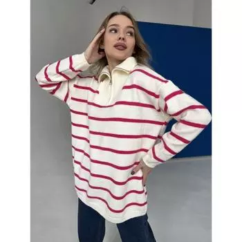 Женская осенне-зимняя свободная вязаная куртка в полоску с полумолнией и лацканами S синий