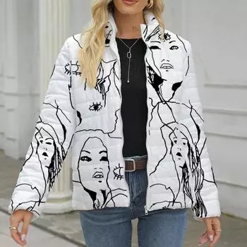 Женская осенне-зимняя теплая хлопковая куртка на молнии с длинными рукавами и воротником-стойкой с принтом и карманами, пальто S