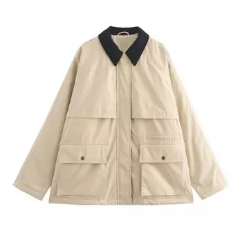 Женская осенне-зимняя теплая куртка с вельветовым воротником, однотонный повседневный свободный топ L абрикосовый