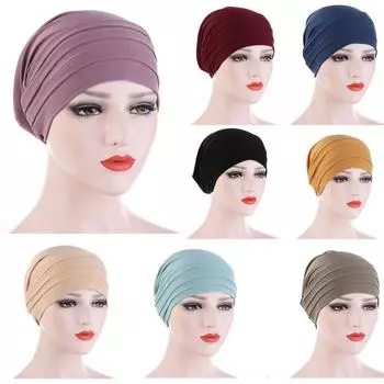 Женская осенне-зимняя теплая однотонная мусульманская кепка с рюшами, шапка с шарфом и шарфом бежевый