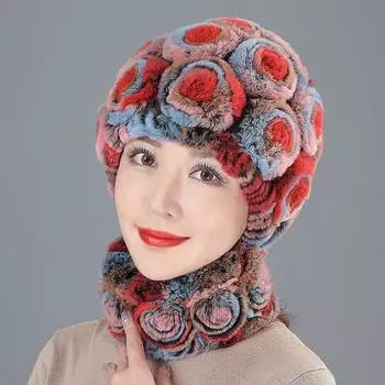 Женская осенне-зимняя теплая шапка для мам, модная шапка-ушанка из меха кролика Рекс, шарф, комплект, утолщенный separate neck cover
