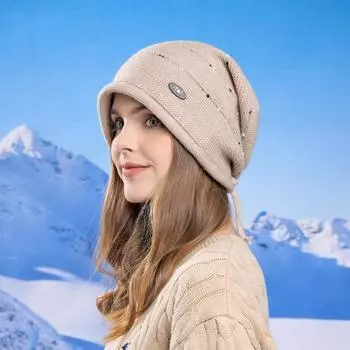 Женская осенне-зимняя теплая шапка-ушанка с холодным закругленным краем, полосатая вязаная шапка, милая, складная шапка One Size светло-серый